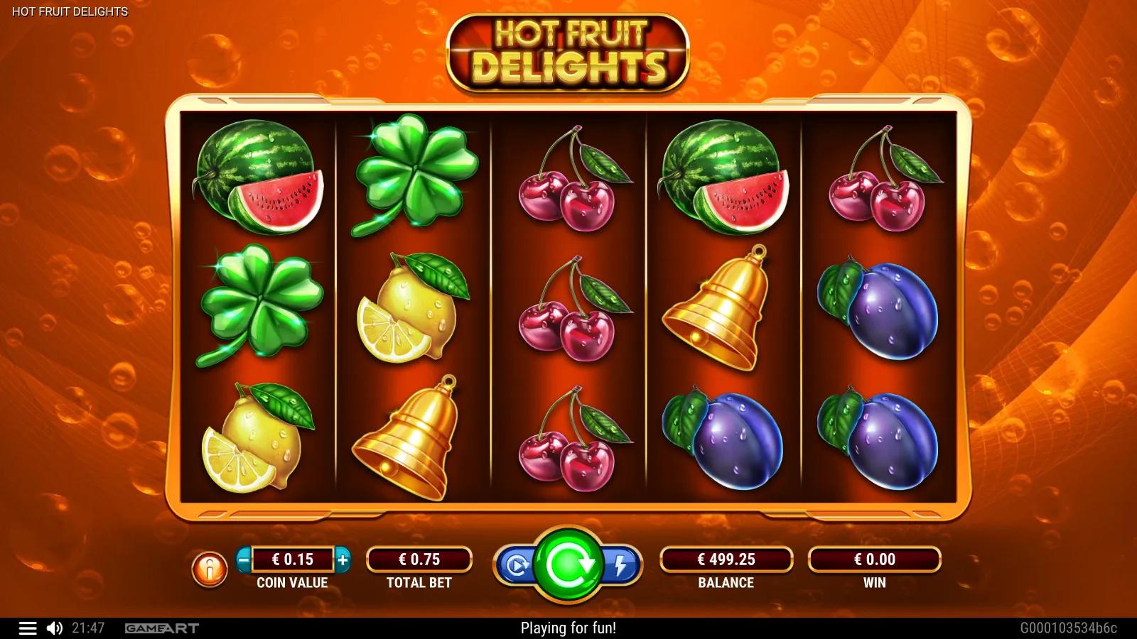 Hot Fruit Delights slot gameplay showing the 5x3 fruit grid with watermelon, grapes, clover, red 7 wild and star scatter