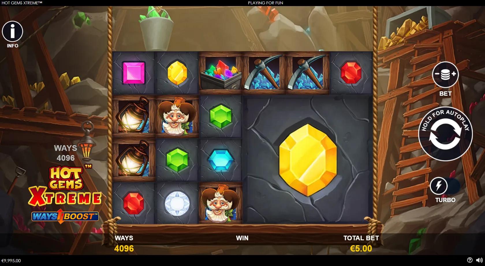 Hot Gems Xtreme 6-reel growing-reels gem-mine grid with a bearded miner, cut gems, a diamond wild and a gem-chest bonus