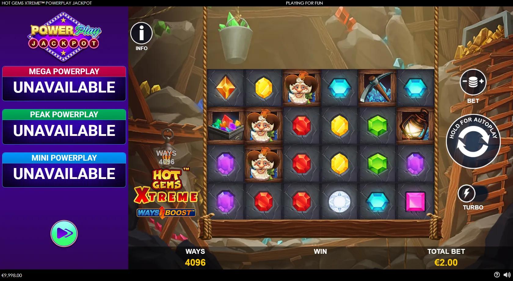 Hot Gems Xtreme PowerPlay Jackpot gameplay showing a 6-reel gem-mine grid with a prospector, coloured gems, a ways counter and three progressive jackpots