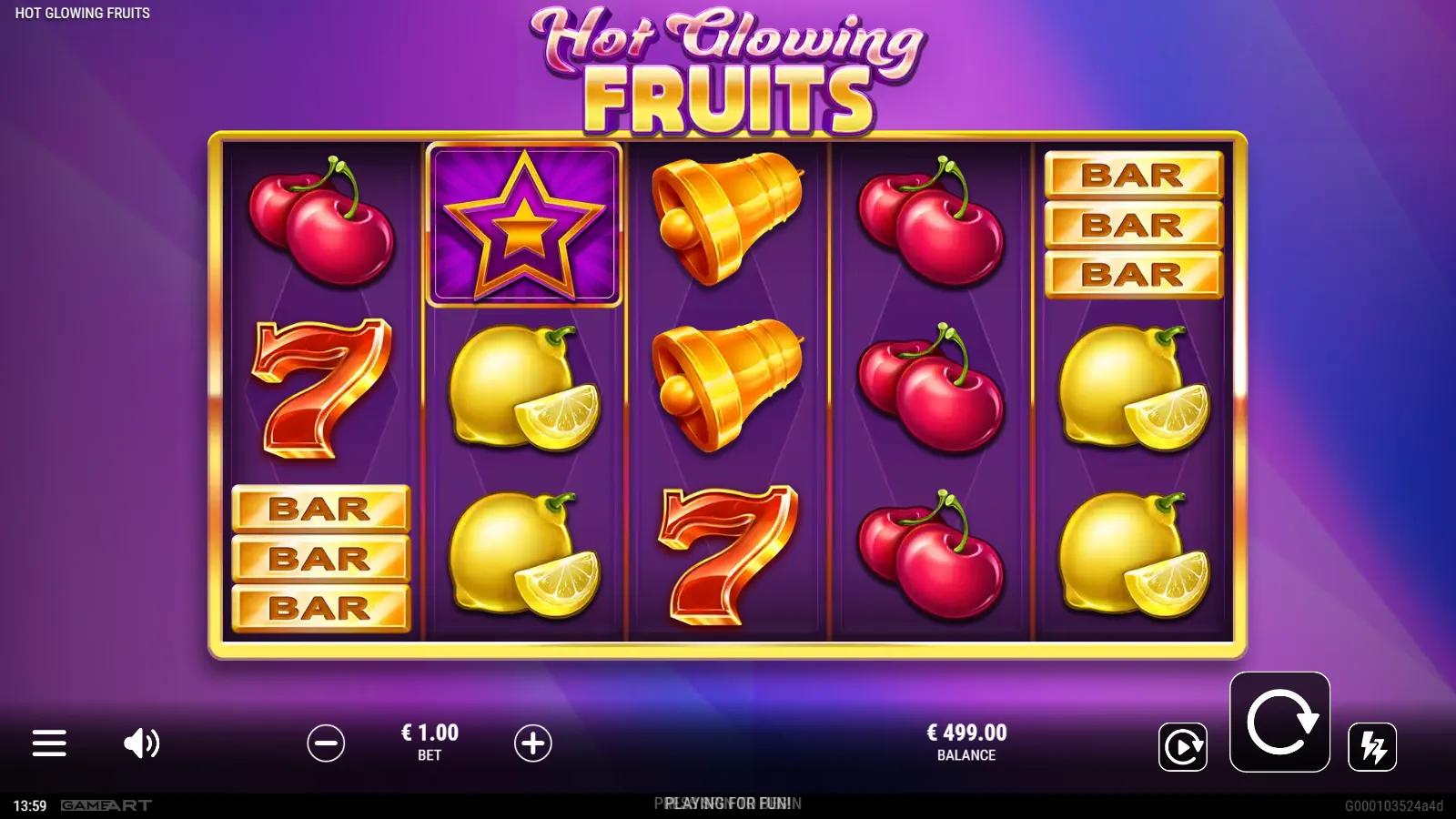 Hot Glowing Fruits slot gameplay showing 5x3 grid with gold Star Scatters, red 7, BAR stacks and fruit symbols
