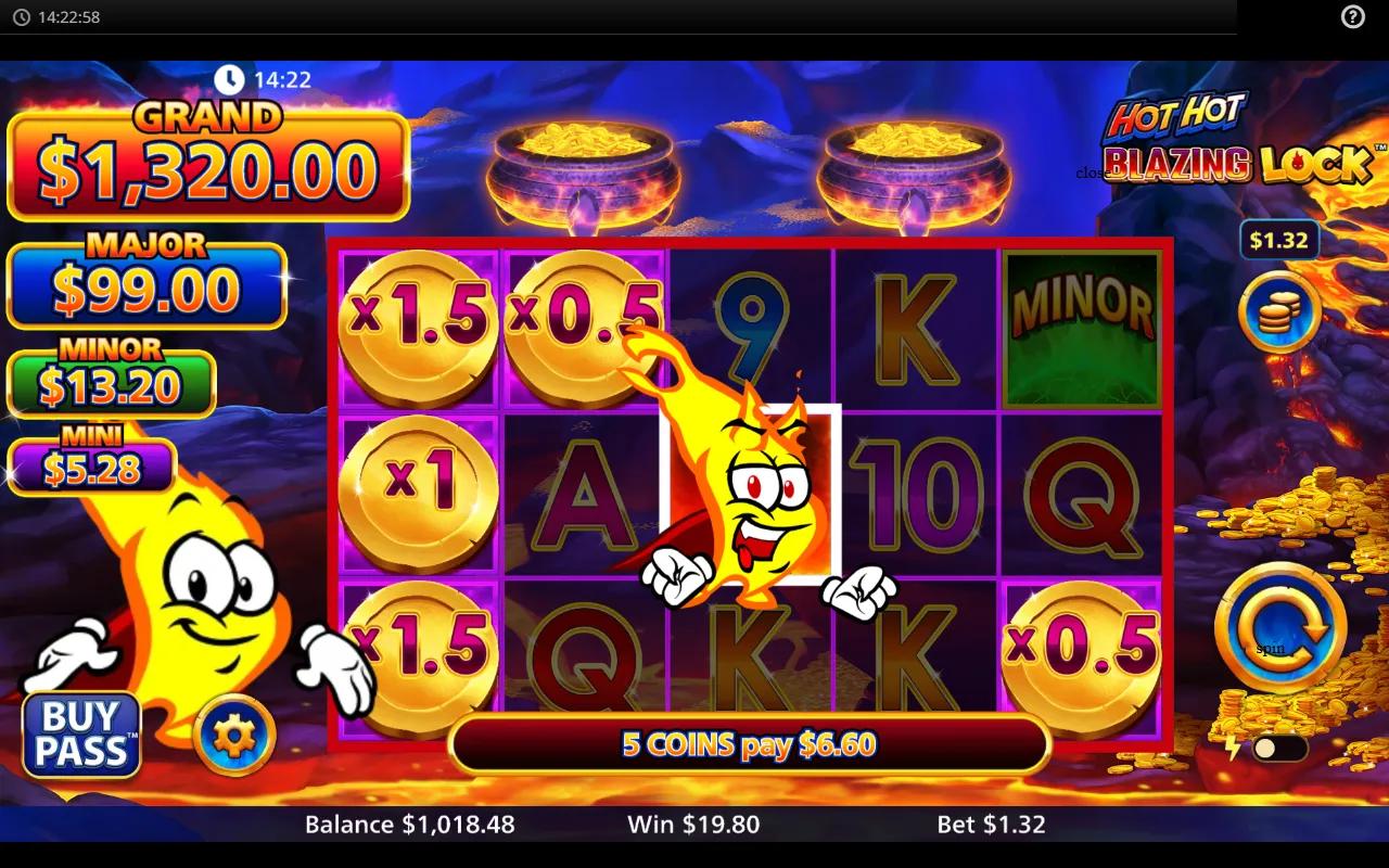 Hot Hot Blazing Lock slot showing 5x3 grid with Devil wild on center cell and coin scatters with jackpot tags