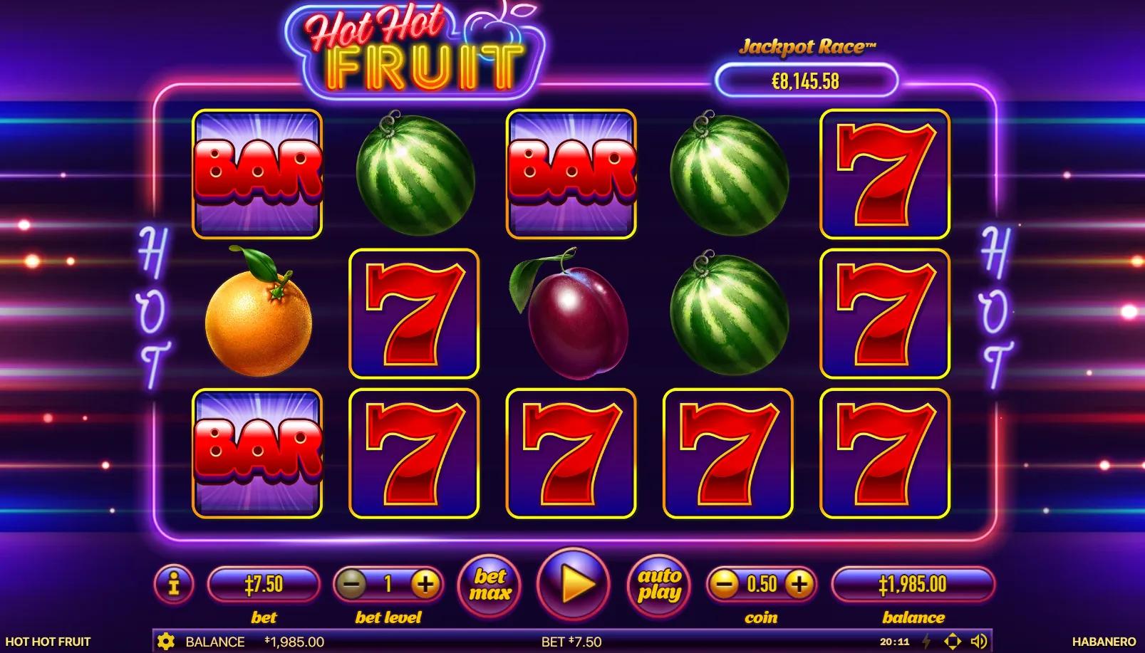 Hot Hot Fruit slot gameplay showing 5x3 classic fruit machine grid with lucky 7, cherry, lemon, orange, plum, grapes, watermelon, and BAR symbols on red-orange flame background