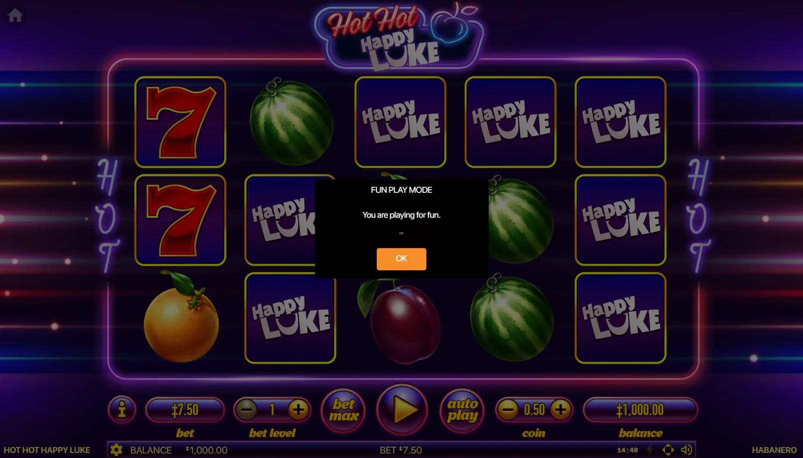 Hot Hot Happy Luke slot showing 5x3 grid with red 7s, fruit symbols, and Happy Luke logo squares
