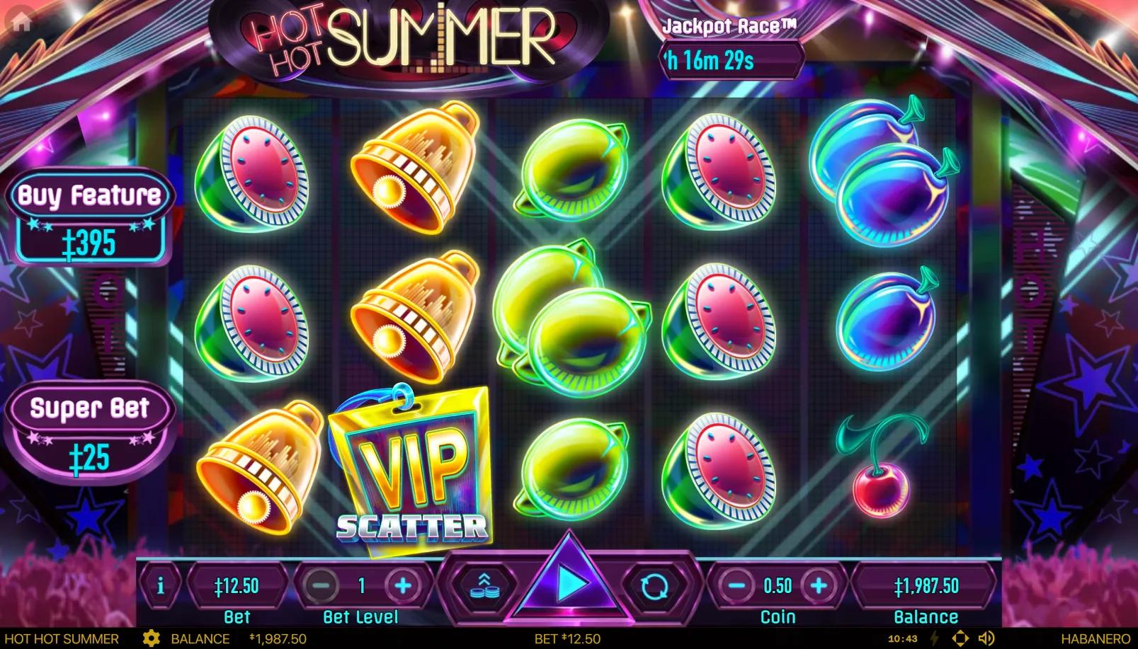 Hot Hot Summer slot 5x3 grid with VIP Scatter, neon 7s, diamonds and disco-ball symbols under Jackpot Race counter
