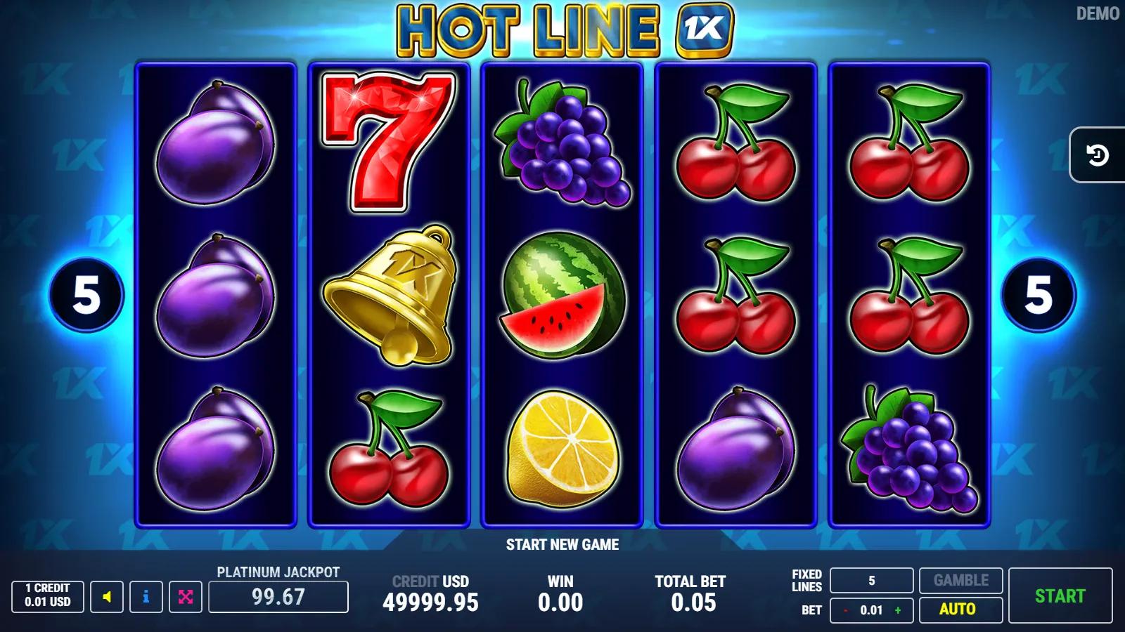 Hot Line 1X slot gameplay showing 5x3 fruit grid with 1X blue diamond wild, red 7, bell and 5 paylines