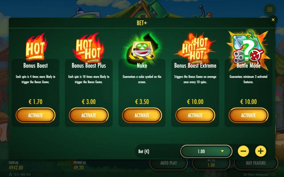 Hot Potato: Battleground BET+ menu listing Bonus Boost, Bonus Boost Plus, Nuke, Bonus Boost Extreme and Battle Mode with their per-spin prices
