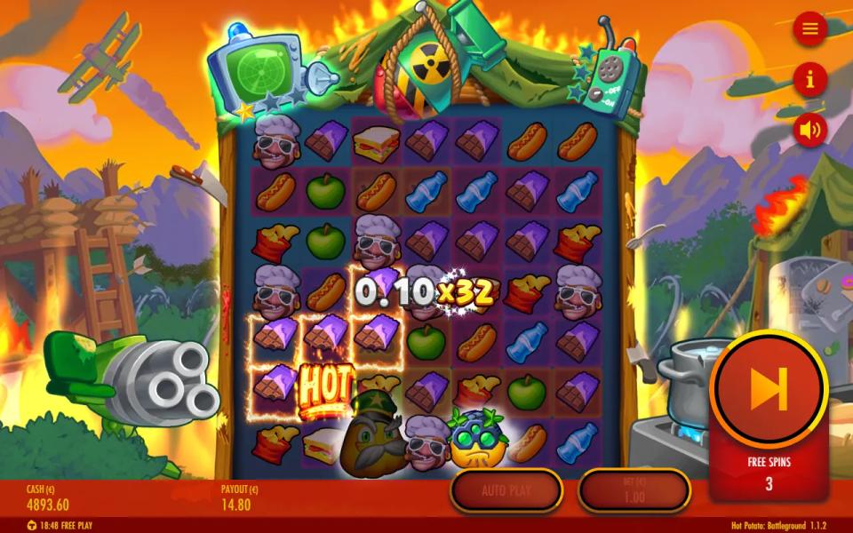 A five-symbol chocolate bar cluster in Hot Potato: Battleground paying 0.10 times 32, with General Potato and Potato wilds at the bottom of the board