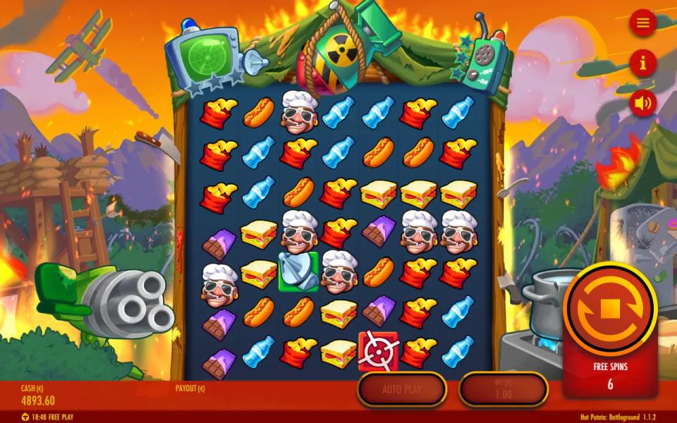 A free spin in Hot Potato: Battleground with no winning cluster and no multiplier cells anywhere on the 7x7 board
