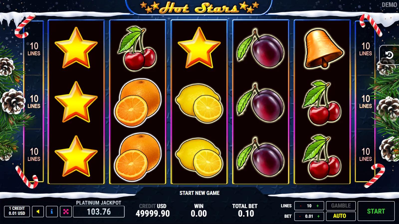 Hot Stars Christmas slot gameplay showing 5x3 fruit grid with expanding gold star wild, bell, plum, orange and 10 paylines