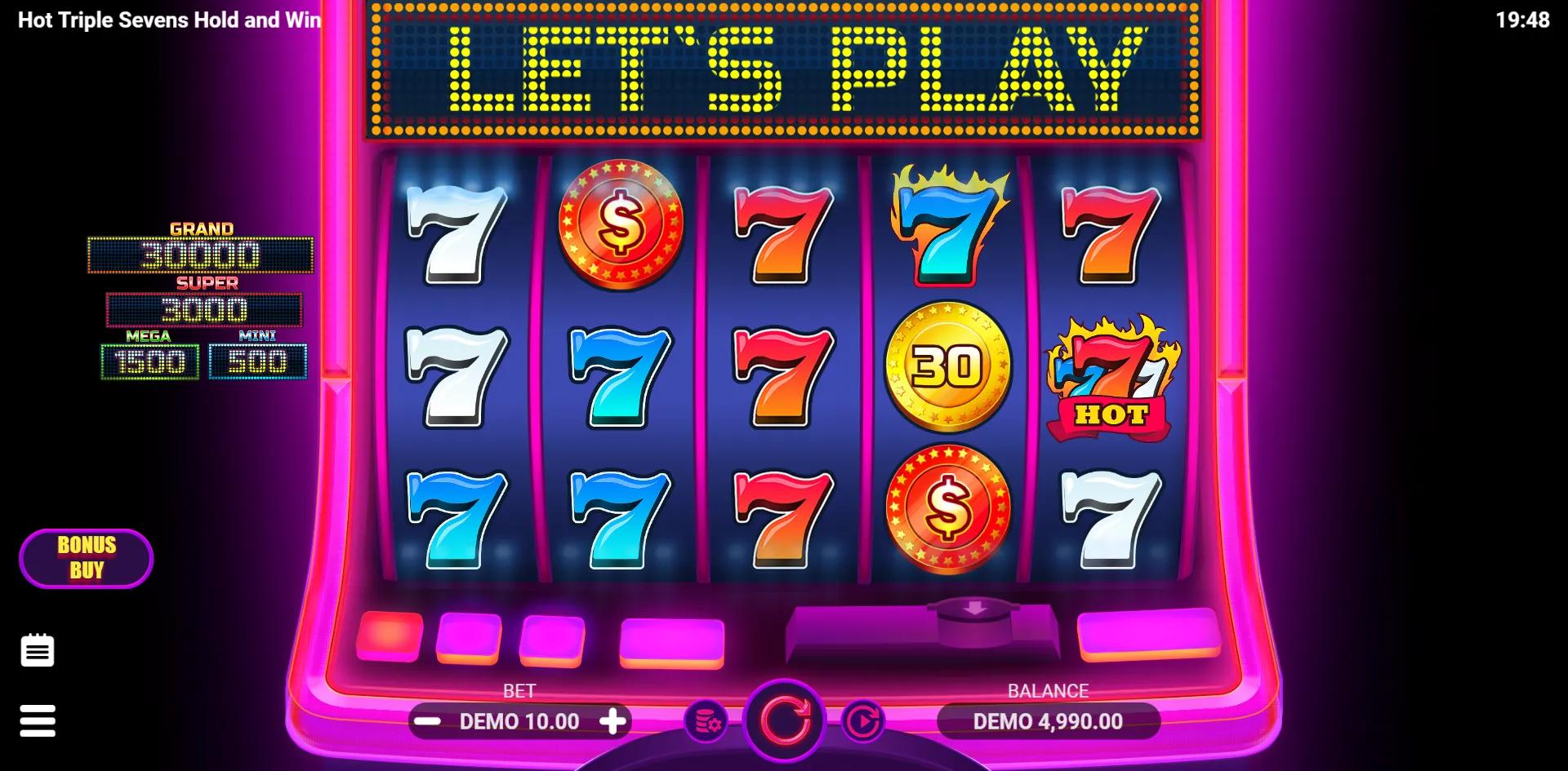 Hot Triple Sevens Hold and Win slot gameplay screenshot