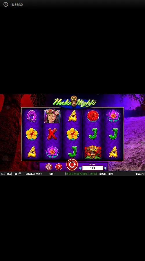 Hula Hula Nights slot gameplay showing 5x3 grid with hula dancer symbols and the green Hula Nights mystery reel