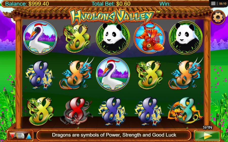 Huolong Valley slot gameplay showing 5x3 dragon-themed grid with two Bonus lantern symbols and a Dragon Wild