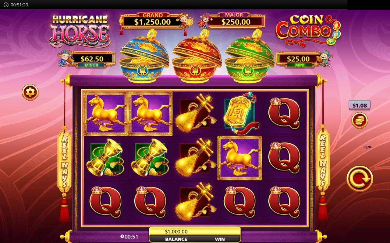 Hurricane Horse Coin Combo 5x3 reels with golden sycee wild, element coin pots above, purple ornate border