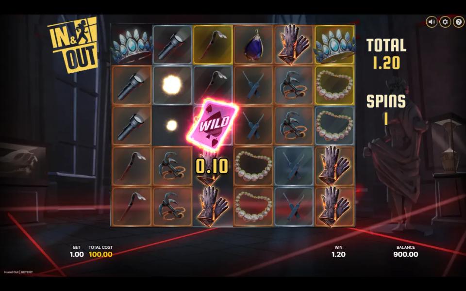 In and Out 6x5 board in Free Spins with bronze, silver and gold framed positions and a pink Wild inside a gloves win