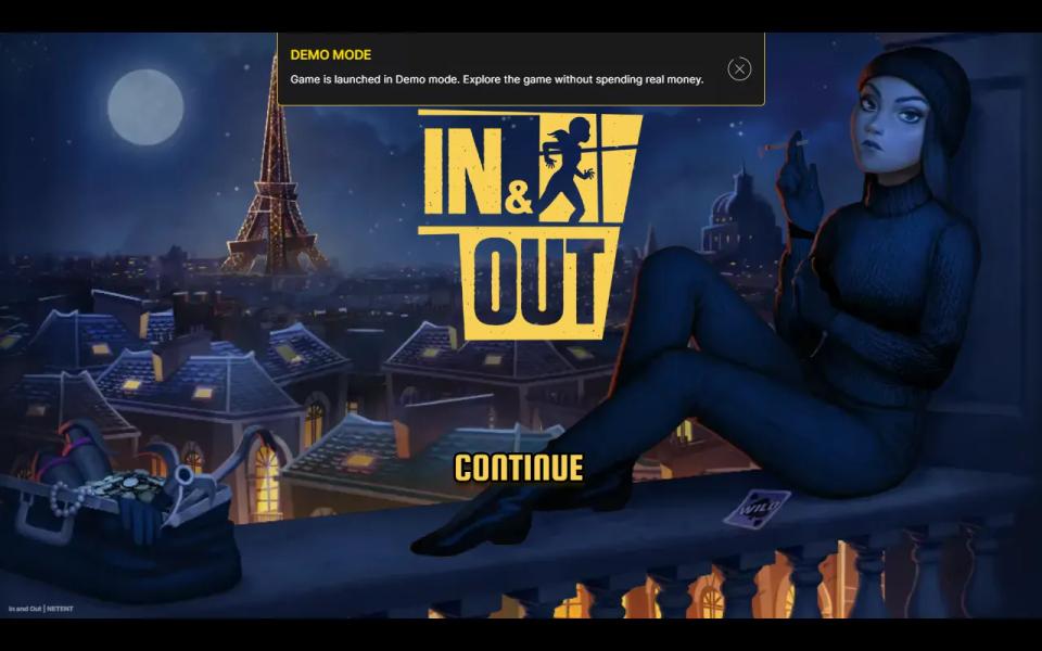 In and Out title screen, the logo over Paris at night with the Eiffel Tower and a thief on a balcony
