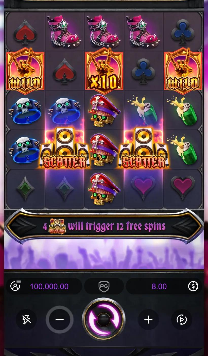Inferno Mayhem 5x5 cluster grid with two Wilds, an x10 multiplier Wild and two Scatter symbols on the board