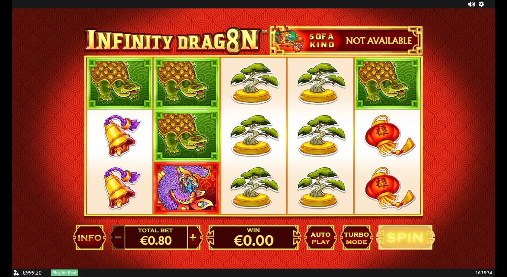 Infinity Drag8n gameplay showing a 5x3 Chinese reel set with a coiled dragon wild, white tiger, phoenix and a progressive jackpot plate