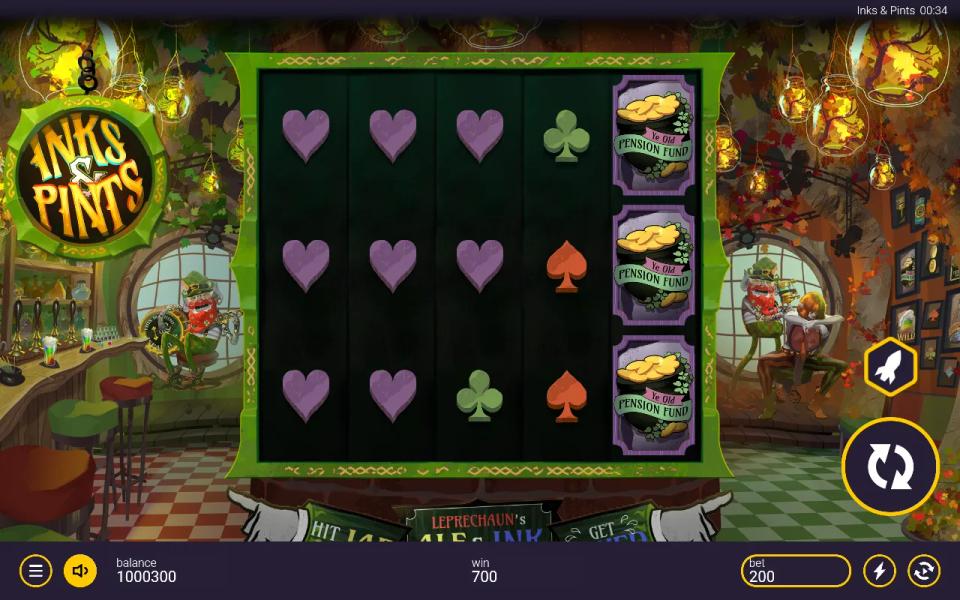 Inks & Pints base game, five reels of pub and tattoo symbols across a leprechaun bar, with a paid win showing on the strip below