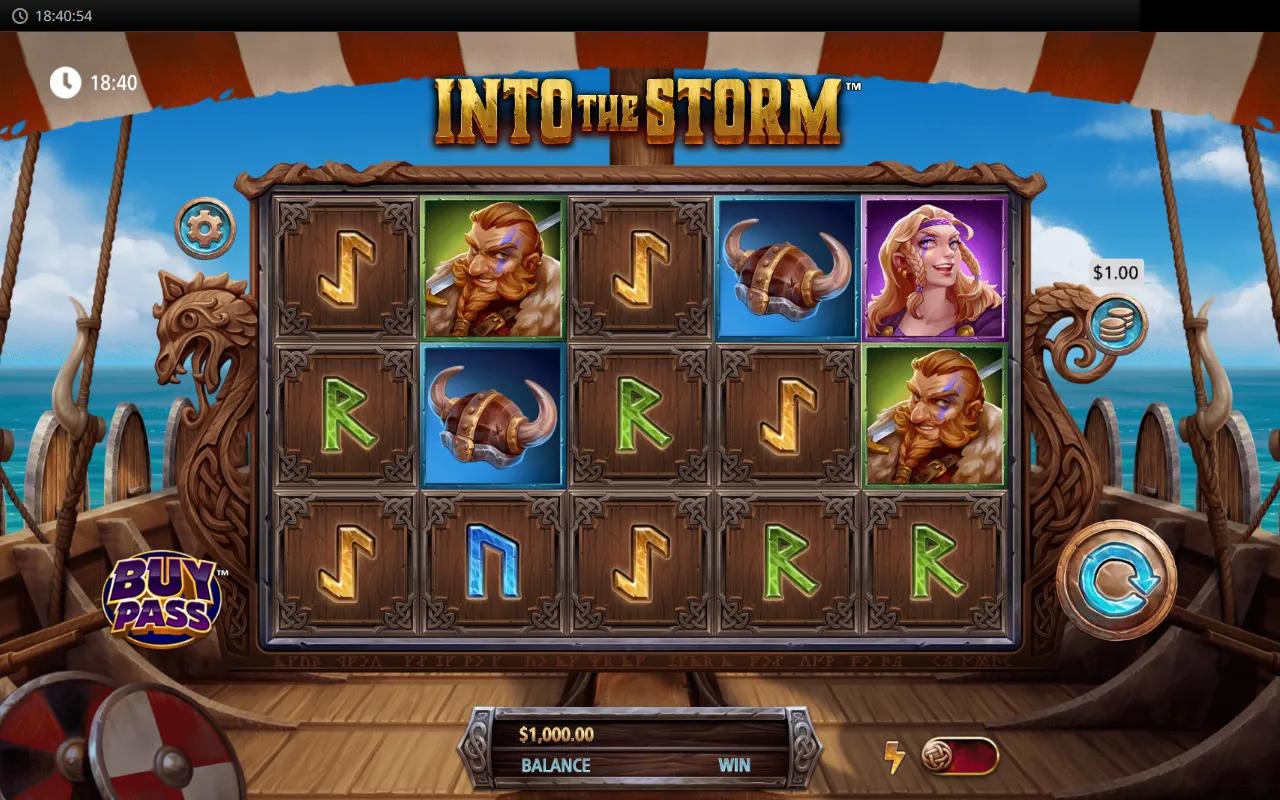 Into The Storm slot showing 5x3 grid with Viking and shield-maiden symbols on a runic longship frame