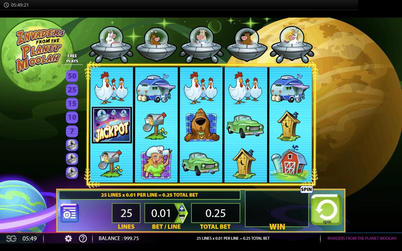 Invaders From The Planet Moolah 5x3 grid with alien cow UFOs above a country town and Planet Moolah on the right