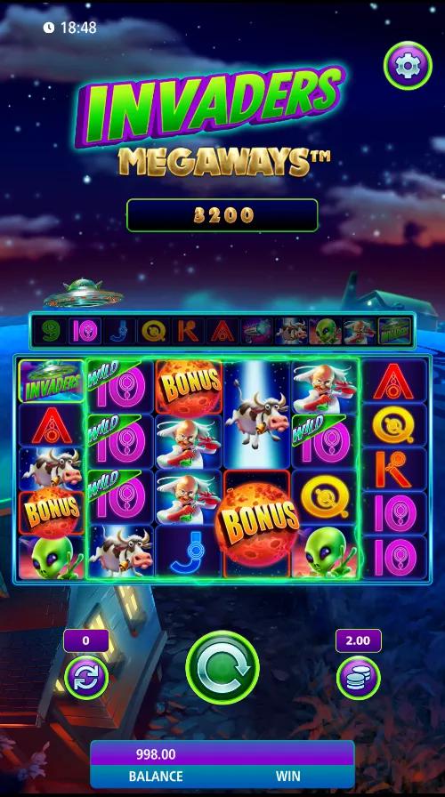 Invaders Megaways slot gameplay showing the 6-reel Megaways grid with UFO Wild Selector and BONUS scatters