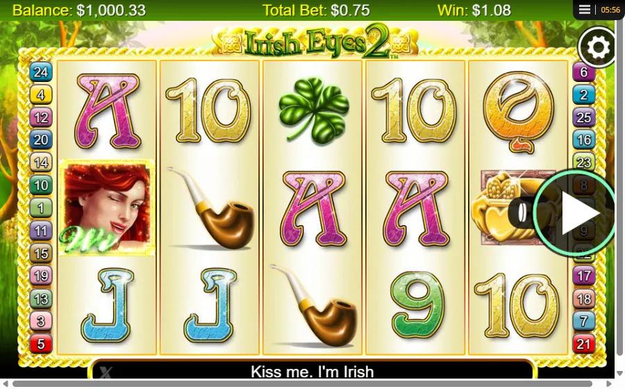 Irish Eyes 2 slot gameplay showing 5x3 grid with the red-haired Girl Wild and Pot of Gold Scatter on 25 paylines