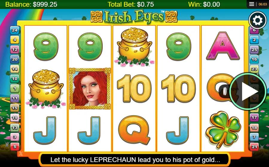Irish Eyes slot gameplay showing 5x3 grid with the Irish lady scatter, pot of gold and clover symbols