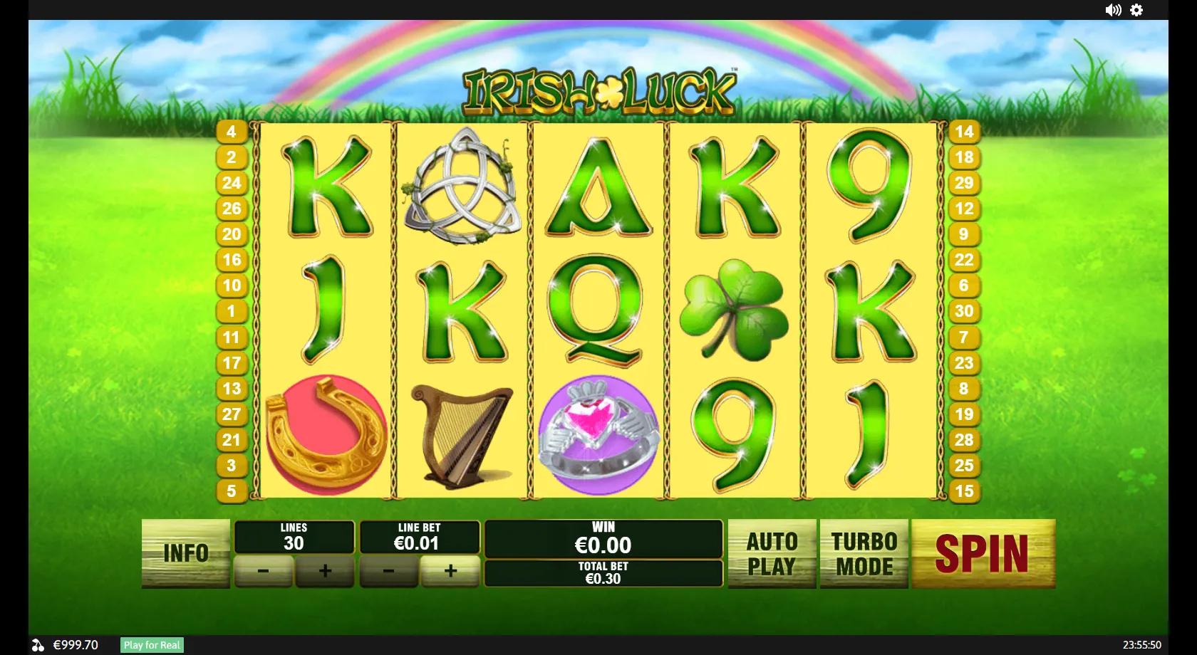 Irish Luck 5x3 rainbow-meadow grid with a four-leaf clover, claddagh ring, golden horseshoe and Celtic harp symbols