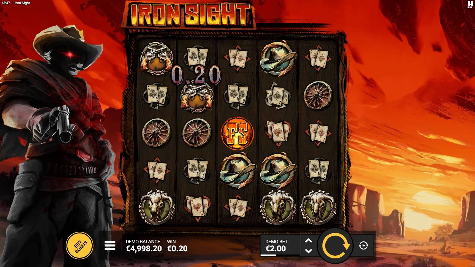Iron Sight slot gameplay showing the 5x5 Wild West grid with revolver, badge and skull symbols and a gunslinger beside the reels