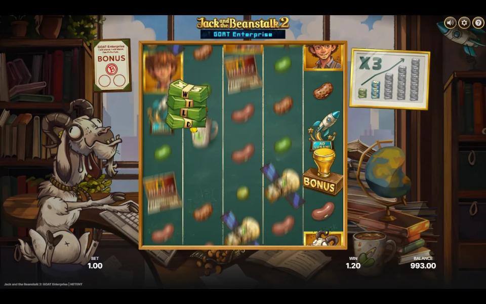 Jack and the Beanstalk 2 base game on its 5x5 office reels, an x3 Wild stack stepping onto reel 2 during a re-spin while a Bonus symbol sits on reel 5