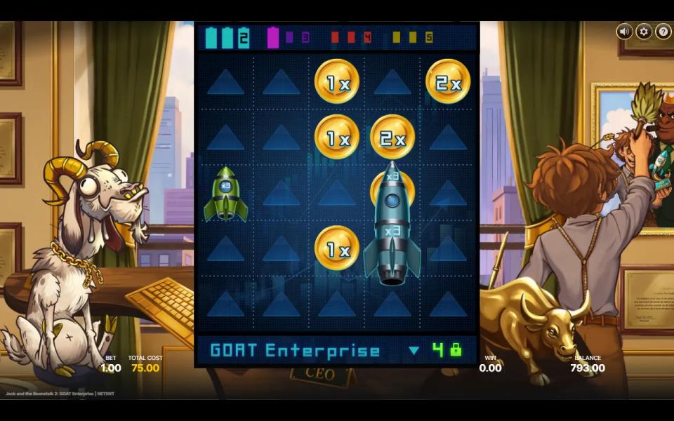 The Bonus Spins coin grid with a two-high Walking Rocket on reel 4 and a small rocket on reel 1, both marked x3, among 1x and 2x Golden Bean Coins