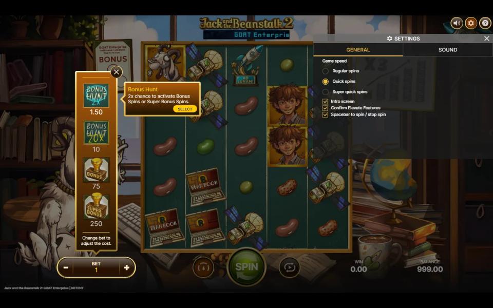 The Elevate menu at a bet of 1 showing Bonus Hunt at 1.50, Bonus Hunt 20x at 10, Bonus at 75 and Super Bonus at 250