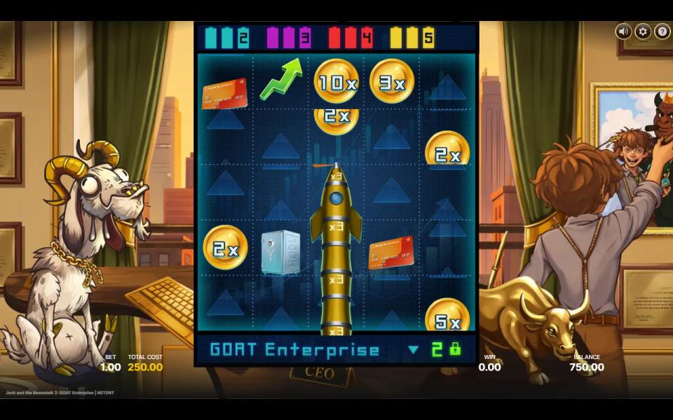 Super Bonus Spins grid with a five-high Walking Rocket on reel 3 and the whole upgrade meter already lit, next to the 10x starting coin
