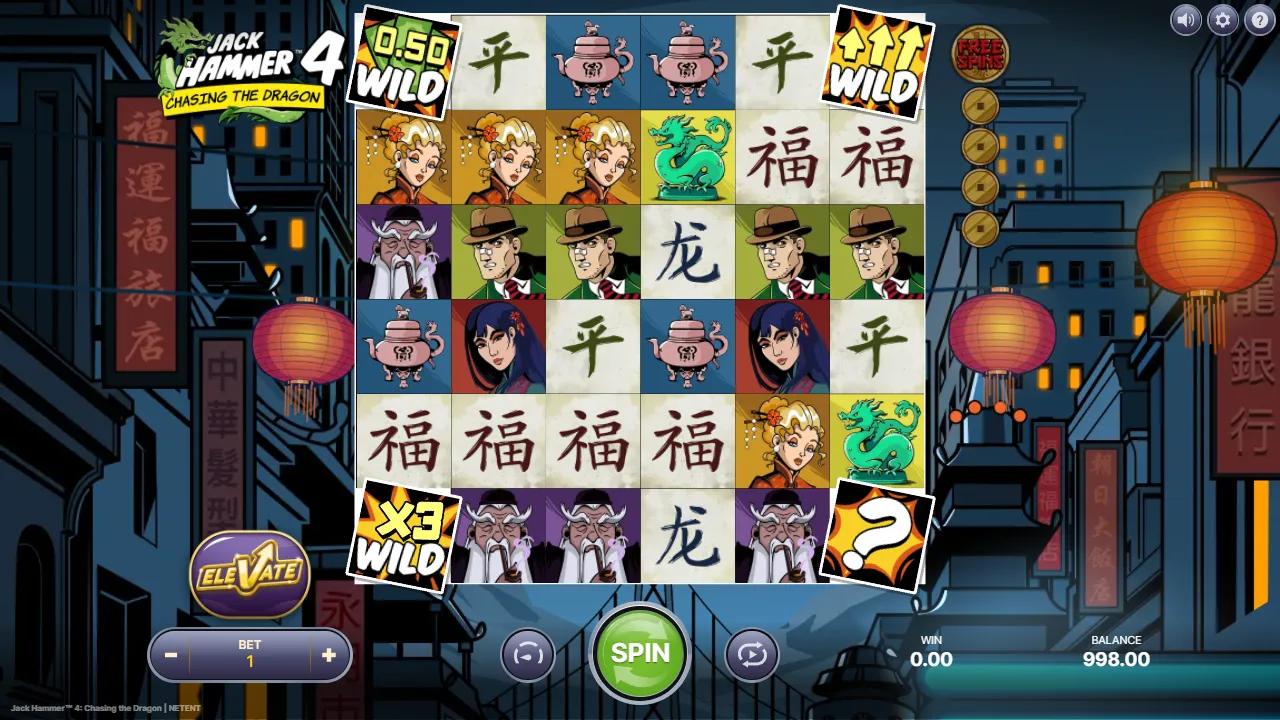 Jack Hammer 4 slot gameplay showing the 6x6 cluster grid with Cash Prize and Multiplier corner Wilds