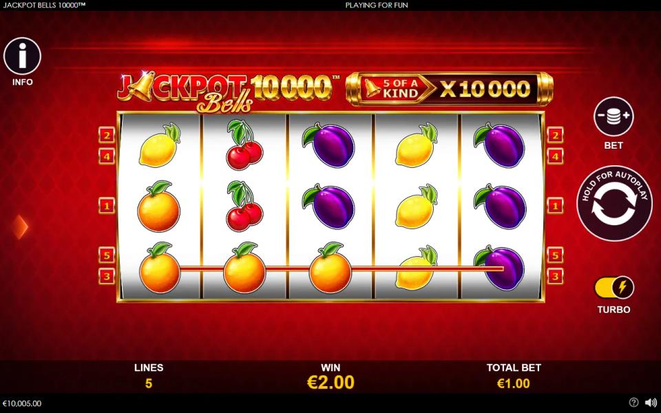 Jackpot Bells 10000 fruit slot reels with three oranges paying along the bottom line