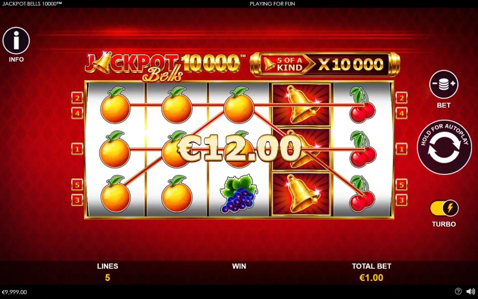 Golden Bell wild expanded over the fourth reel of Jackpot Bells 10000, stretching three orange lines to four of a kind