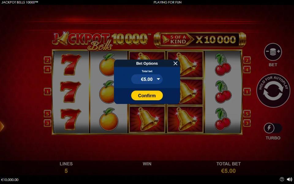 Jackpot Bells 10000 bet options popup with the 5 of a kind x10 000 banner above the reels
