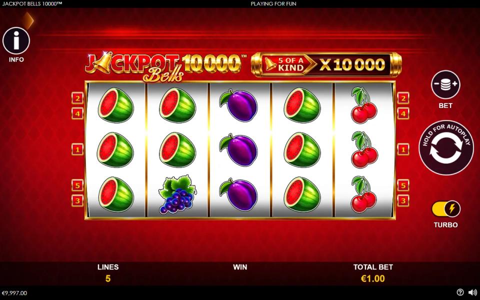 Jackpot Bells 10000 dead spin with watermelons on reels one, two and four split by plums on reel three