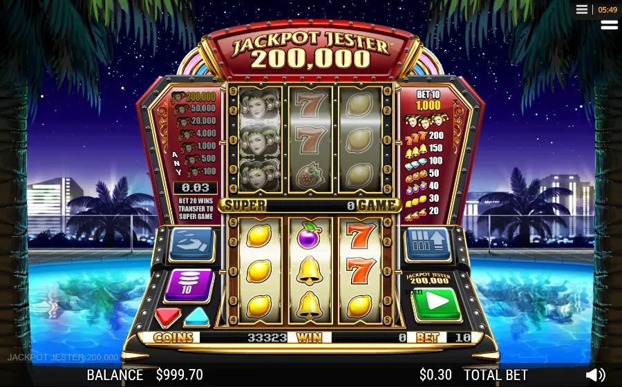 Jackpot Jester 200000 slot gameplay showing the 3x3 base reels and stacked Super Game with 200,000 Jester jackpot