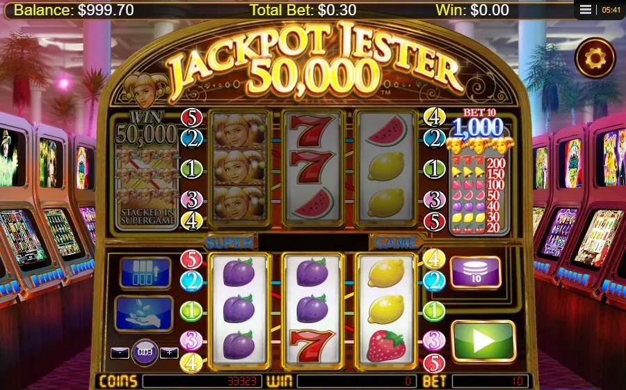 Jackpot Jester 50000 slot gameplay showing dual 3x3 fruit-machine reels with the Super Game matrix and Jester wild