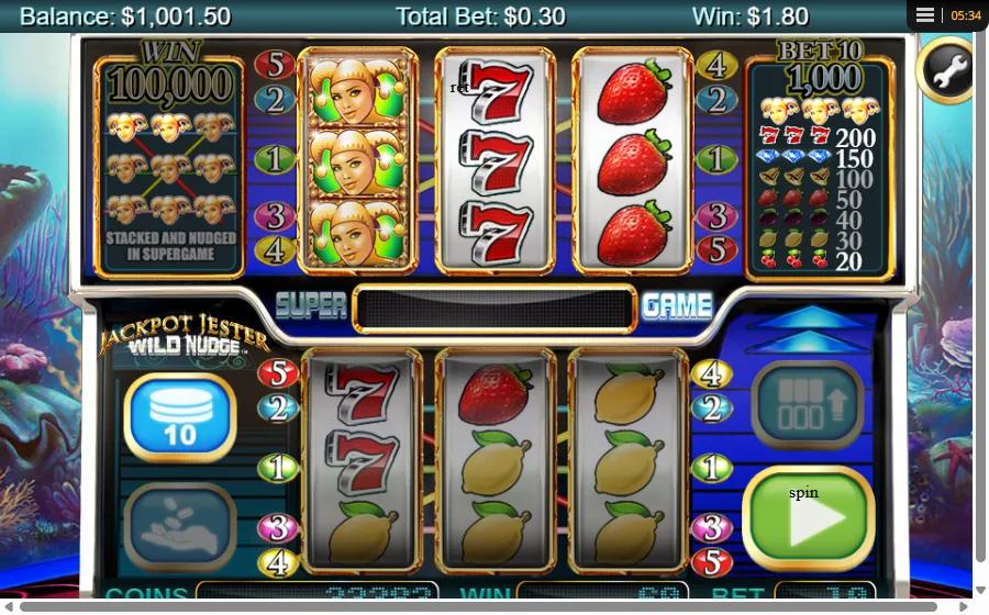 Jackpot Jester Wild Nudge slot showing 3x3 reels with Jester wild and the Super Game 100,000-coin paytable