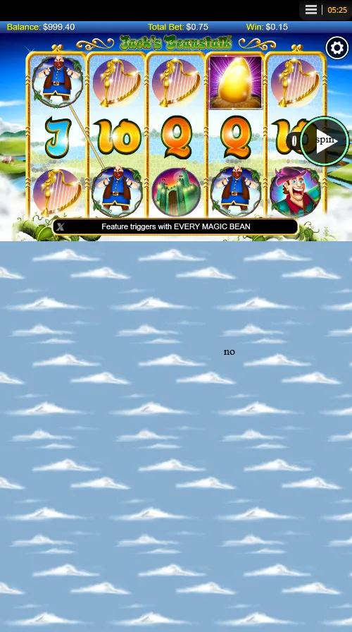 Jacks Beanstalk slot showing 5x3 reels with Wild Jack, golden goose and growing beanstalk Up Wild symbols