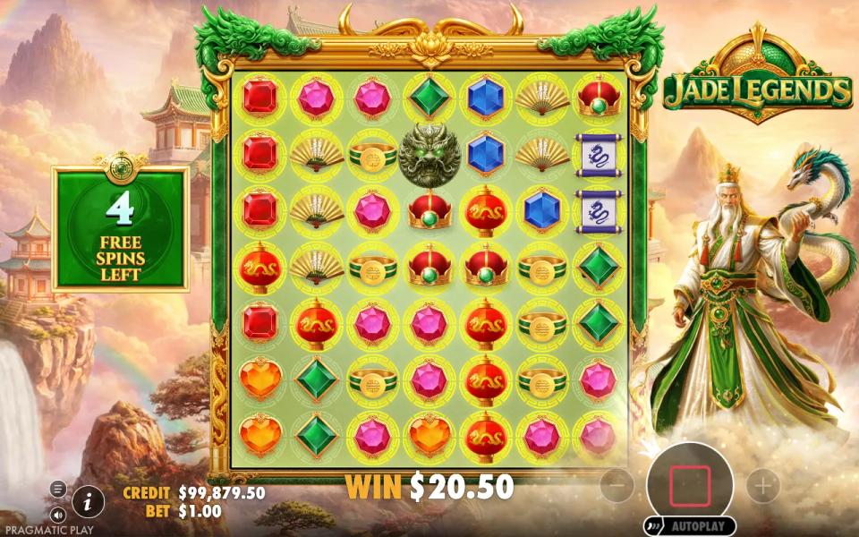 Jade Legends free spins on a 7x7 grid with almost every spot ringed in gold and a golden dragon symbol landing on reel 4