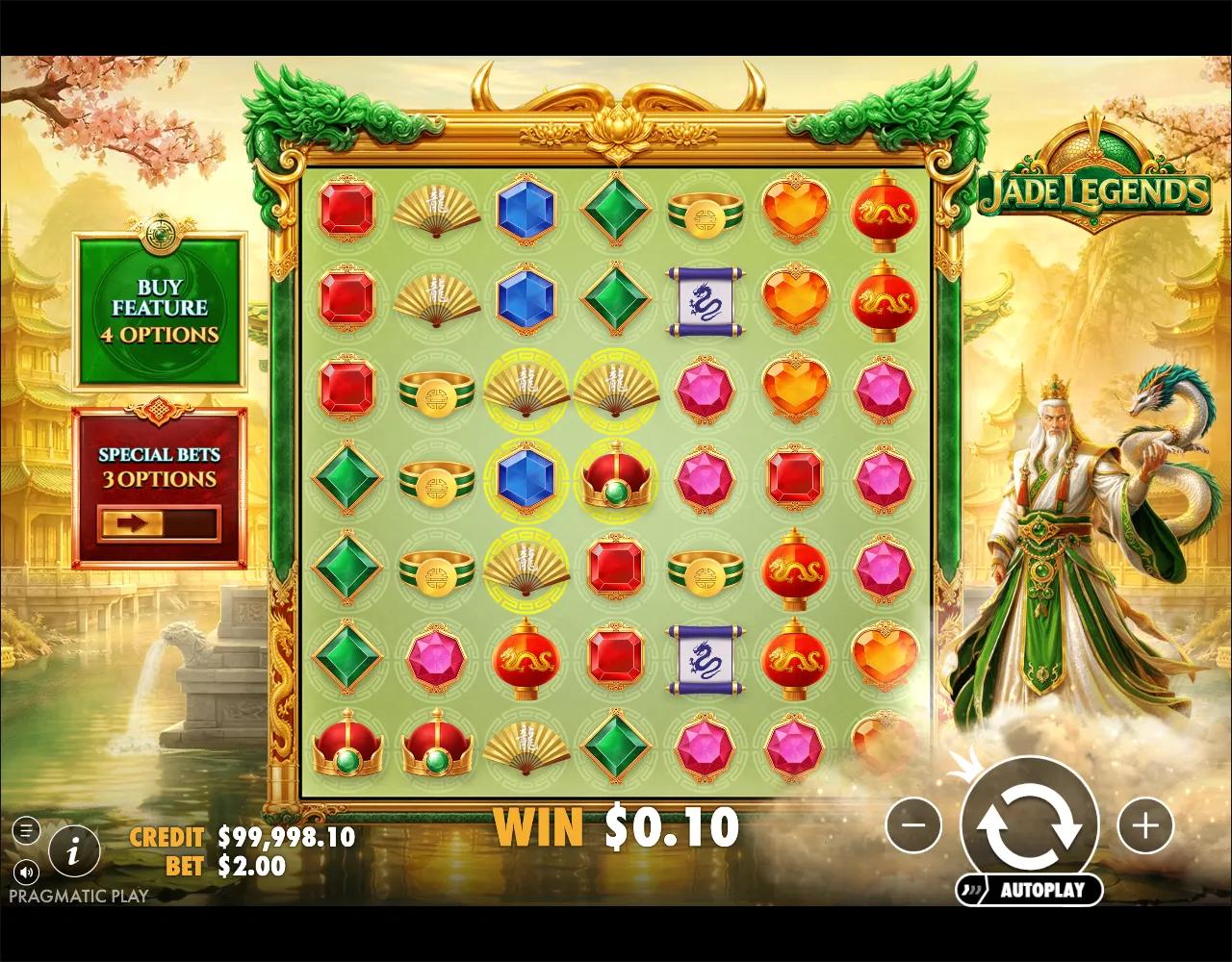 Jade Legends slot gameplay showing the 7x7 cluster grid with a winning gold-fan cluster highlighted