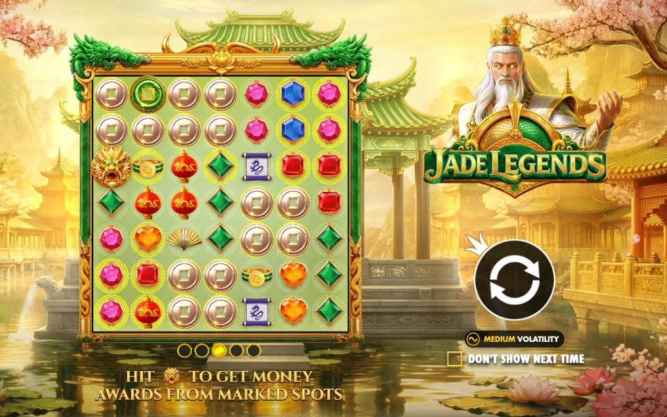 Jade Legends intro screen with the jade-framed 7x7 grid in a lakeside pavilion garden and the white-bearded sage beside the logo