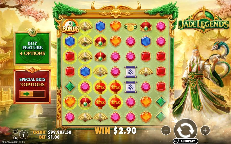 Jade Legends base game board after a two-drop win of 2.90 with a column of ringed spots on the left reels