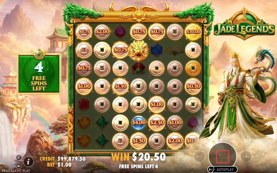 Jade Legends board darkened with coins filling the ringed spots after a golden dragon lands