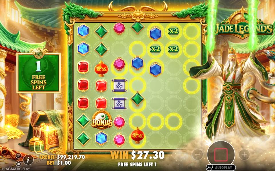 Jade Legends Super Free Spins board with emptied ringed spots, three of them showing x2, on the last free spin