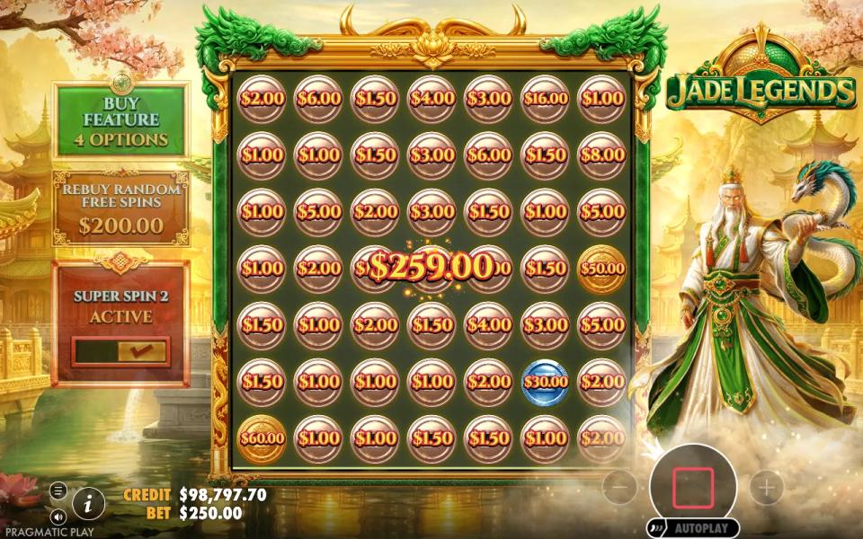 Jade Legends Super Spin 2 board with all 49 spots turned into coins and a 259.00 total in the centre
