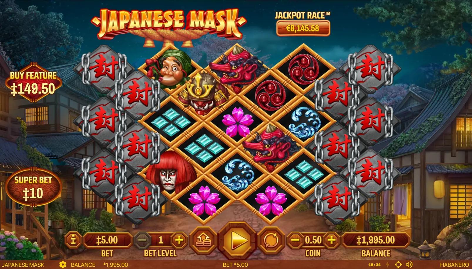 Japanese Mask slot gameplay showing diamond-grid layout with Kabuki, Oni, and Hannya masks plus locked seal-stone tiles